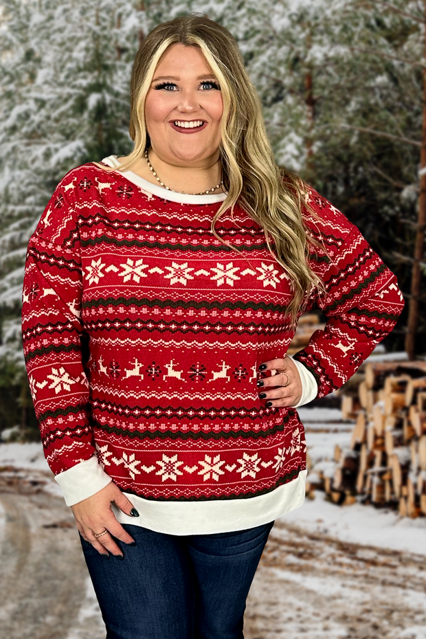 35 GT {Holiday Joy} Red Holiday Print Top PLUS SIZE 1X 2X 3X