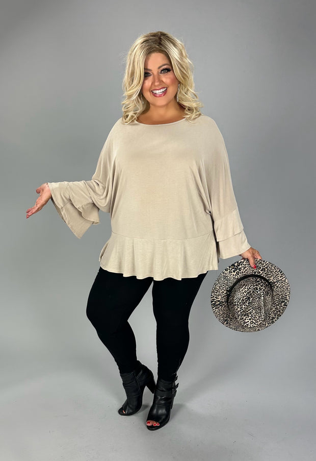 90 SQ {Live Your Passion} Taupe Ruffle Sleeve Top PLUS SIZE 1X 2X 3X