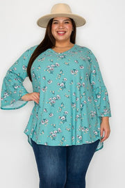 47 PQ {A Beauty Within} Light Jade Floral Ribbed V-Neck Top EXTENDED PLUS SIZE 3X 4X 5X