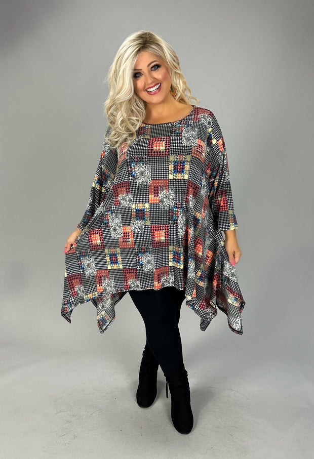 36 PQ {Modern Gal} Black Multi-Print Checkered Top EXTENDED PLUS SIZE 3X 4X 5X