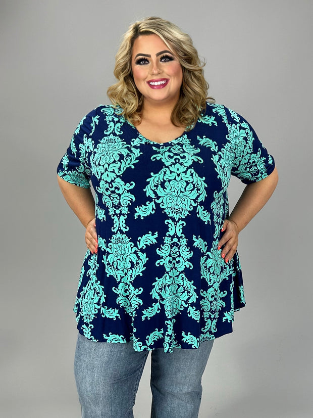 32 PSS {Moments For Me} Jade Damask Print V-Neck Tunic EXTENDED PLUS SIZE 3X 4X 5X