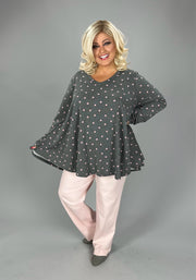 SALE!! 56 PLS {Cozy Kisses} Gray V-Neck  Top with Pink Dots  EXTENDED PLUS SIZE 3X 4X 5X