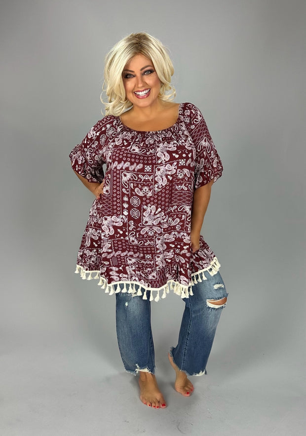 SALE!! 22 OS {Wish You Well} Burgundy Off Shoulder Paisley Top CURVY BRAND!!!  PLUS SIZE 1X 2X 3X