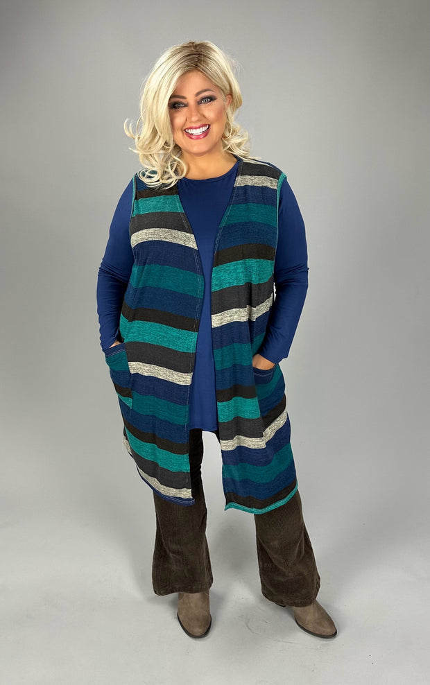 16 OT {Second To None} Blue Striped Vest w Pockets PLUS EXTENDED SIZE 1X 2X 3X 4X 5X