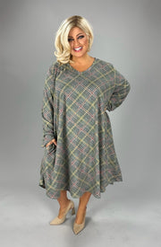 23 PLS {New Found Strength} Olive Plaid Print  V-Neck Dress EXTENDED PLUS SIZE 4X 5X 6X