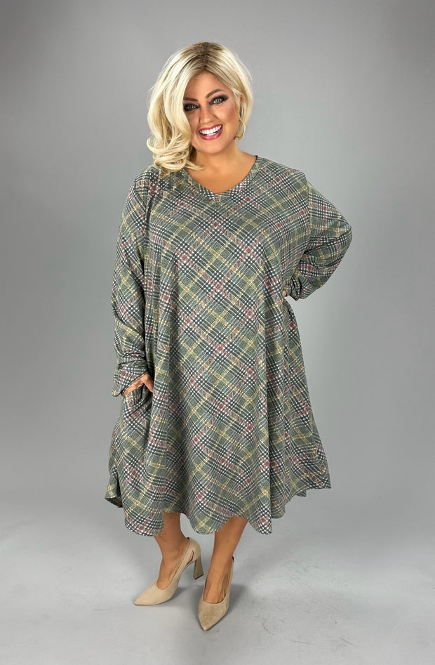 23 PLS {New Found Strength} Olive Plaid Print  V-Neck Dress EXTENDED PLUS SIZE 4X 5X 6X