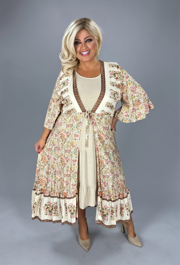 LD-L {Seize The Occasion} Umgee Cream Floral Kimono PLUS SIZE XL 1X 2X