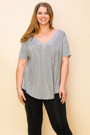 88 SSS {Radiant As Always} VOCAL Grey Rhinestone V-Neck Top PLUS SIZE XL 2X 3X