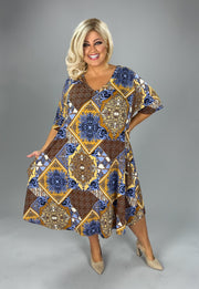 71 PSS {Spectacular View} Brown/Blue Print V-Neck Dress EXTENDED PLUS SIZE 3X 4X 5X