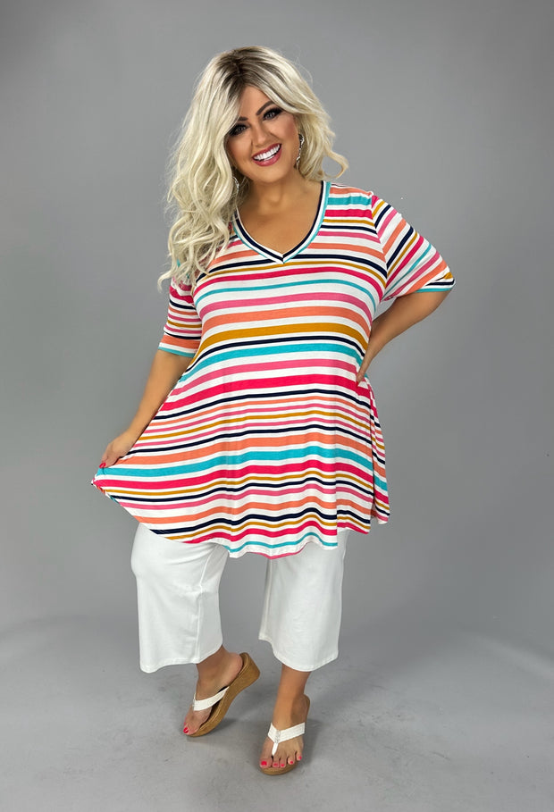 23 PSS {Perfectly Mine} Multi Stripe V-Neck Short Sleeve Top EXTENDED PLUS SIZE 3X 4X 5X