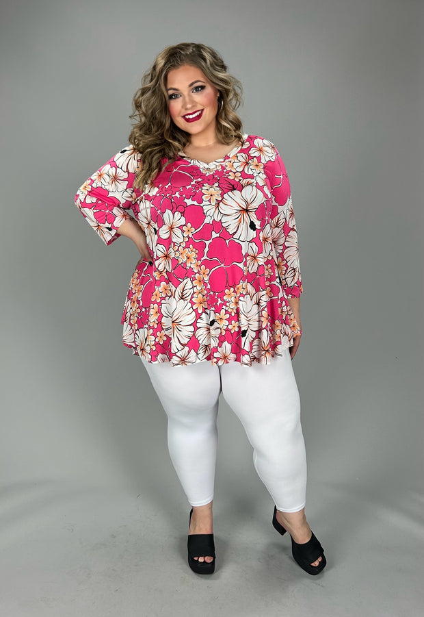 59 PQ {Always Memorable} Fuchsia Floral V-Neck Tunic EXTENDED PLUS SIZE 3X 4X 5X