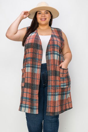 1-89 OT {In Perfect Company} Rust/Black Plaid Vest w/ Pockets EXTENDED PLUS 3X 4X 5X