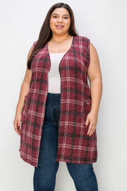 82 OT {Means To An End} Burgundy/Black Plaid Vest  w/ Pockets EXTENDED PLUS 3X 4X 5X