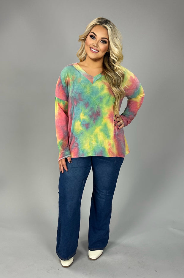 SALE!! 49 PLS-B {Lost In Time} Green Yellow Red Tie Dye V-Neck Top PLUS SIZE XL 2X 3X