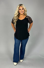 SALE!! SSS-Y {Lovely As Ever} Black V-Neck Top W/ Lace Sleeve Detail