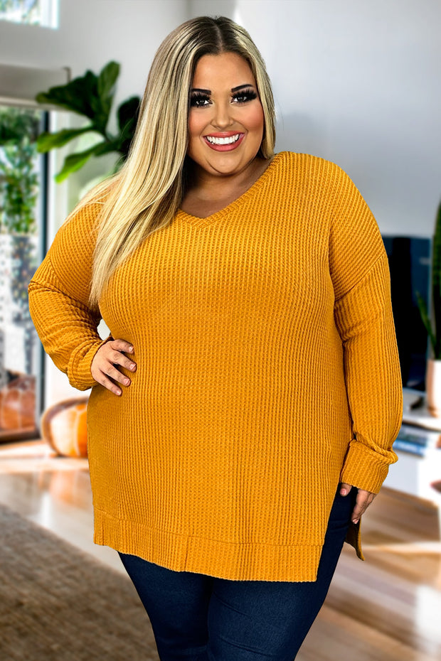 SALE!! 91 SLS-G {Think It Through} Dk. Mustard Waffle Knit Top PLUS SIZE 1X 2X 3X