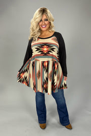 60 PQ {Tribal Vibe} Black Taupe Brown Tribal Print Top EXTENDED PLUS SIZE 4X 5X 6X