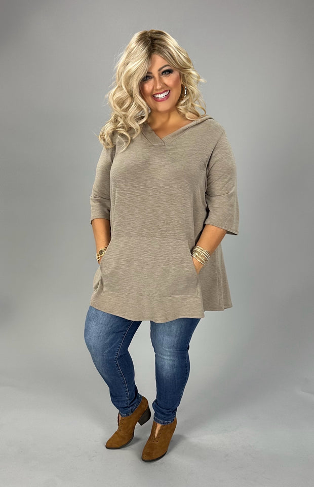 37 HD {Day In My Life} Taupe V-Neck Hoodie w/Kangaroo Pocket CURVY BRAND!!! EXTENDED PLUS SIZE 3X 4X 5X  (May Size Down 1 Size)