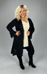 1-47 OT {Main Event} VOCAL Black Lace Trim Long Cardigan PLUS SIZE XL 2X 3X