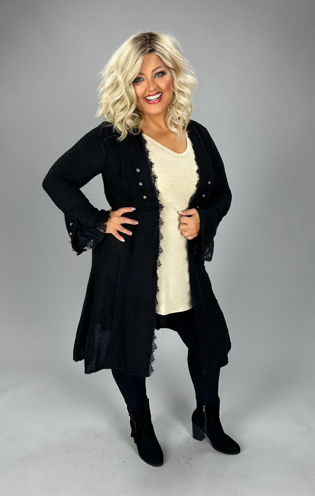 47 OT {Main Event} VOCAL Black Lace Trim Long Cardigan PLUS SIZE XL 2X 3X