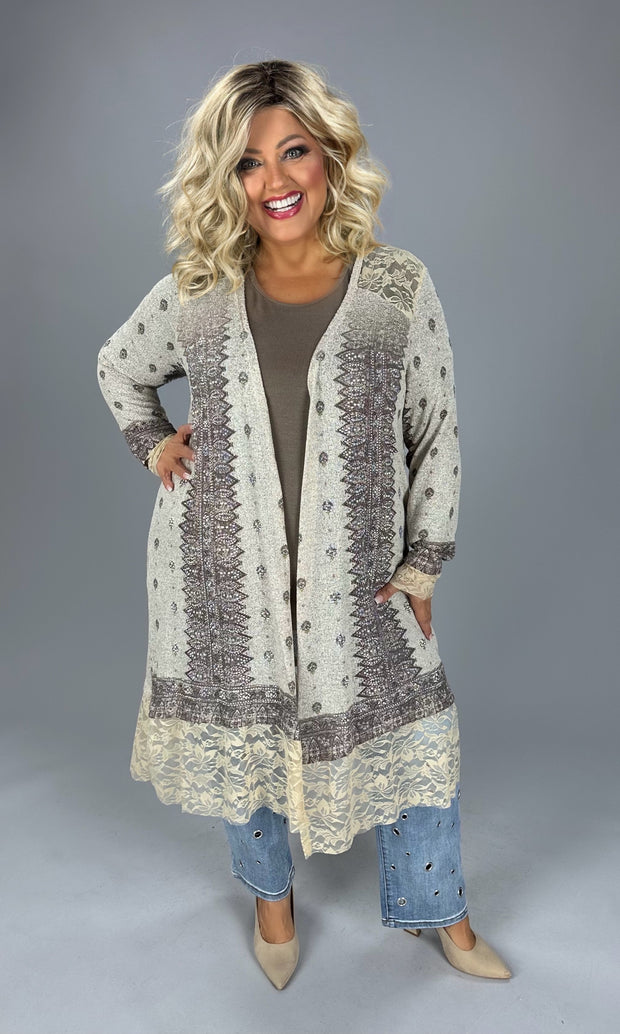 86 OT {Precious Allure} Vocal Taupe Lace Detail Printed Cardigan PLUS SIZE 1X 2X 3X