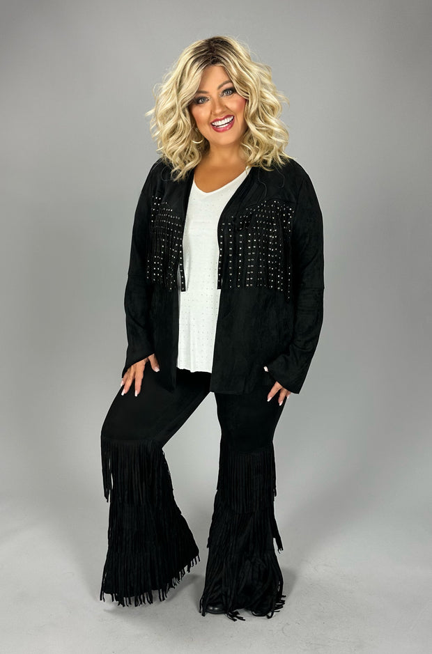 43 OT [Fringe for the Win} VOCAL Black Suede Fringed  Studded Jacket  PLUS SIZE 1X 2X 3X