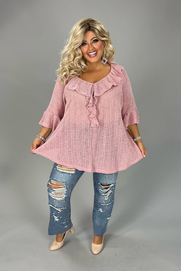 24 SSS {Can't Talk Now} Ruffle Neck Open Weaved Pink Sweater EXTENDED PLUS SIZE 4X 5X 6X