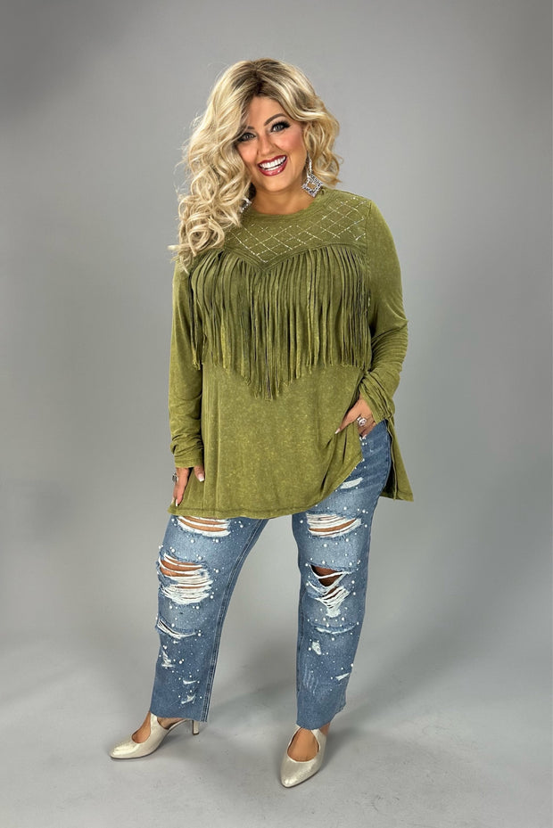 82 SLS {Through My Eyes} VOCAL Olive Fringe & Rhinestone Detail Top PLUS SIZE XL 2X 3X