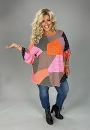 1-SALE! 1-27 PSS {More Than Patchwork} Coral/Brown Patchwork Top EXTENDED PLUS SIZE 4X 5X 6X