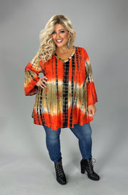 1-33 PQ [Just Being Myself} Orange Black Tie Dye V-Neck Tunic EXTENEDED PLUS SIZE 1X 2X 3X 4X 5X