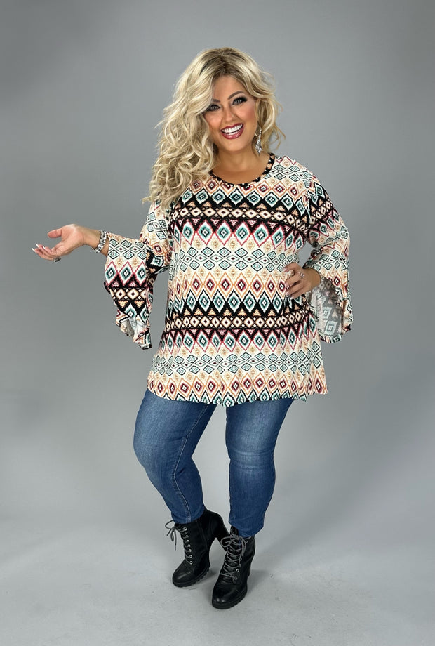 1-25 PQ {Desert Retreat} Ivory/Rust/Black Tribal Print Top EXTENDED PLUS SIZE 4X 5X 6X