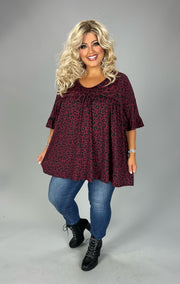 92 PSS {Dangerous Affection} Wine Leopard Print V-Neck Babydoll Top PLUS SIZE XL 2X 3X