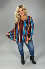 94 PLS {Desert Horizon} Rust/Blue/Mustard Striped V-Neck Top EXTENDED PLUS SIZE 3X 4X 5X