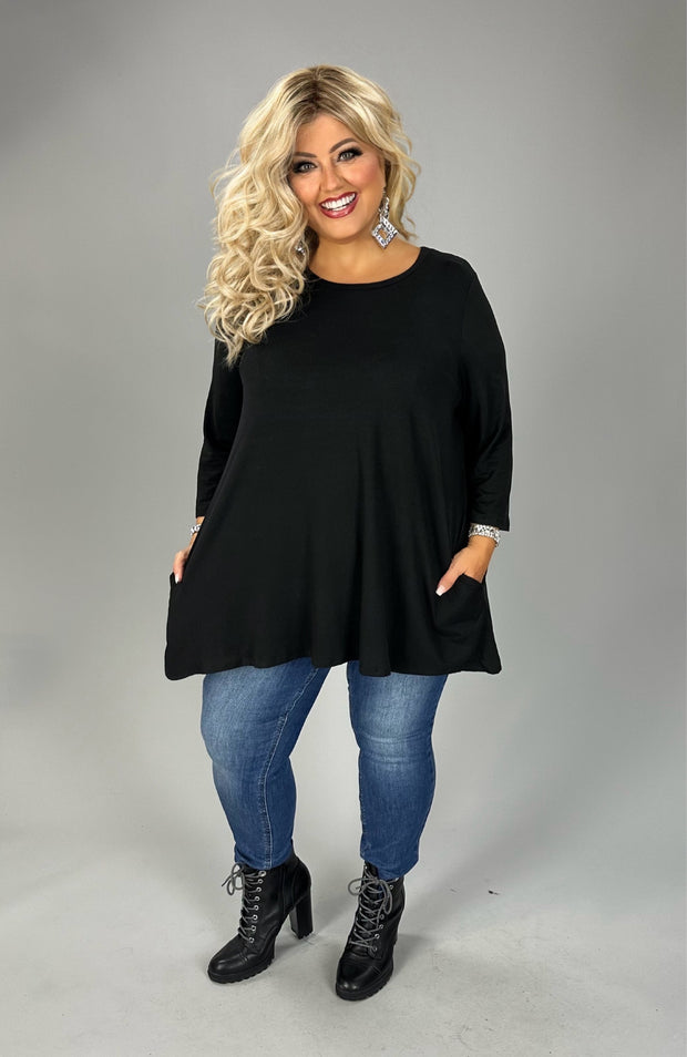 1-26 SQ {Daily Movement} Black Top w/Pockets EXTENDED PLUS SIZE 1X 2X 3X 4X 5X