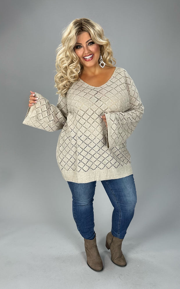 80 SLS {Shine Through Me} Taupe Lattice Design V-Neck Sweater PLUS SIZE XL 2X 3X