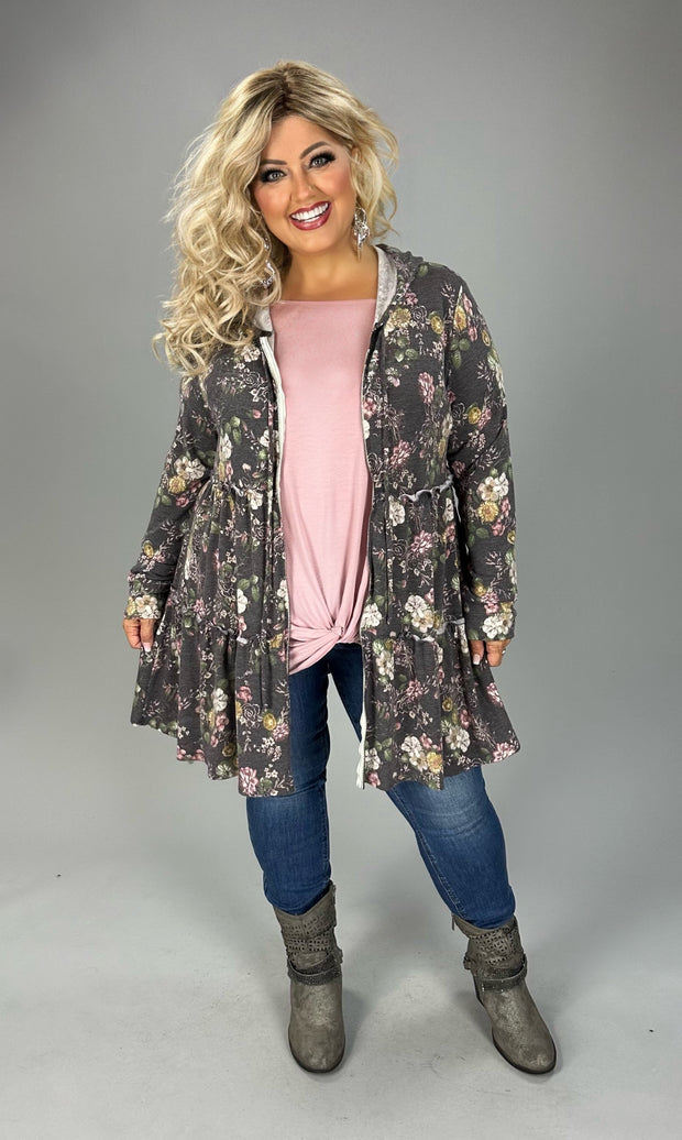 81 OT {Be The Change} Wine/Pink Floral Tiered Zip Up Hooded Jacket PLUS SIZE 1X 2X 3X