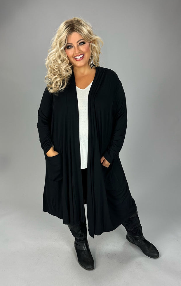 1-26 OT {Curvy Covered} Black Long Cardigan w/Pockets   CURVY BRAND!!!  EXTENDED PLUS SIZE XL 2X 3X 4X 5X 6X