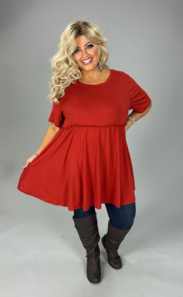 01- 26 SSS {Casual Chic} Rust Ruffle Babydoll Tunic EXTENDED PLUS SIZE 3X 4X 5X (True to Size)