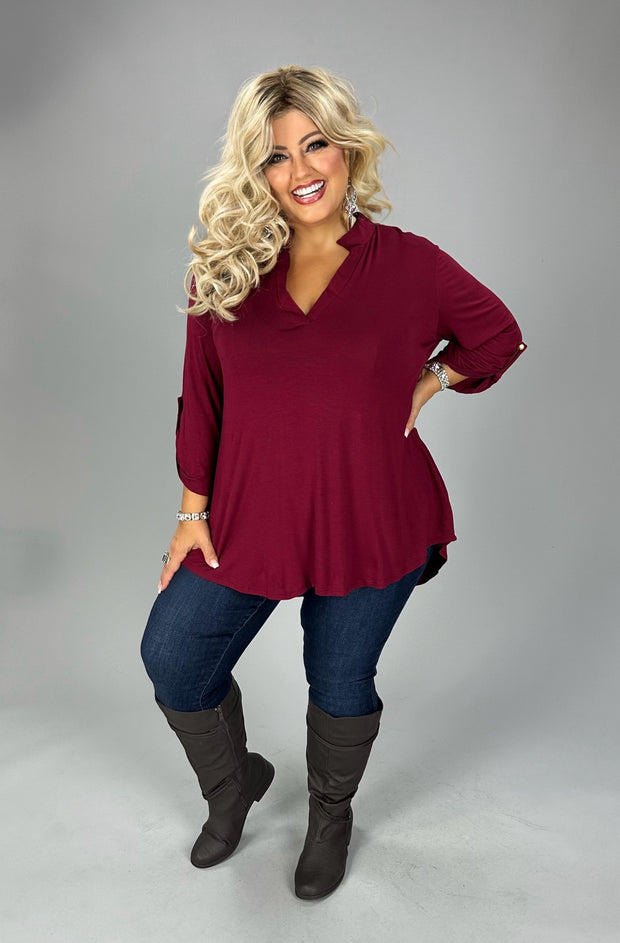 1-36 SQ {After Sunset} Burgundy Top w Cuffed Sleeves PLUS SIZE 1X 2X 3X