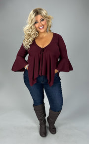 20 SQ {Chic Aspirations} Burgundy Babydoll Top w Tie Front Detail PLUS SIZE 1X 2X 3X