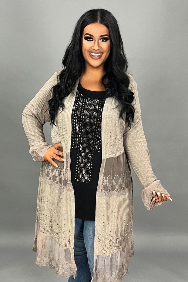 48 OT [Need You Back} VOCAL Mocha Waffle Knit & Lace Cardigan PLUS SIZE 1X 2X 3X