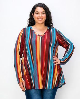 94 PLS {Desert Horizon} Rust/Blue/Mustard Striped V-Neck Top EXTENDED PLUS SIZE 3X 4X 5X