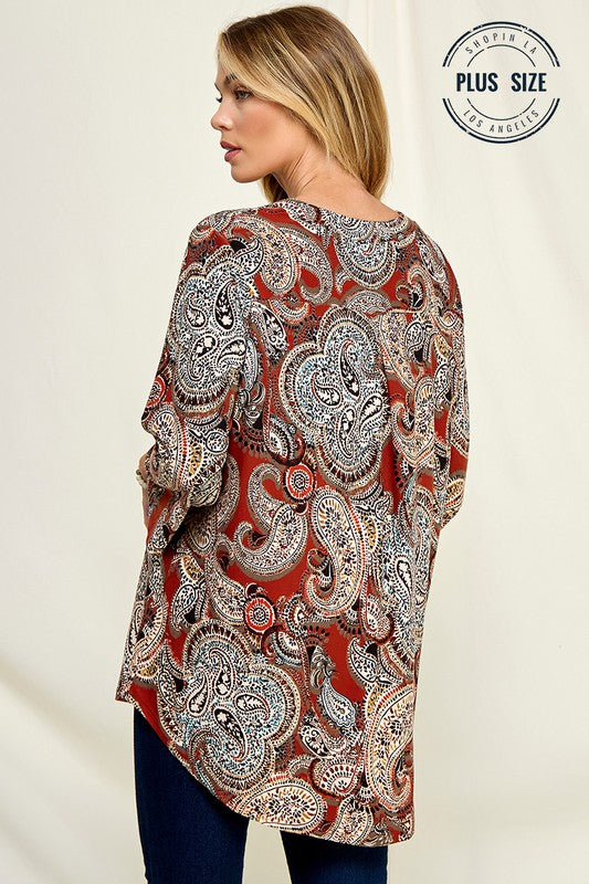 1- 48 PQ {Shades Of Autumn} Rust/Brown Paisley Collared V-Neck Top PLUS SIZE 1X 2X 3X