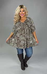 58 PSS {Becoming An Icon} Brown/Green Print V-Neck Top EXTENDED PLUS SIZE 3X 4X 5X