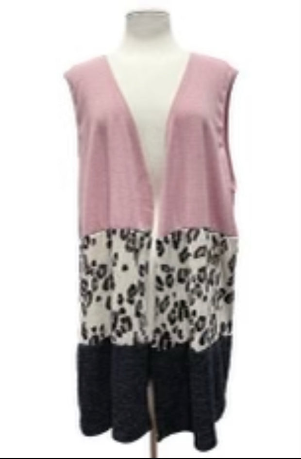 55 OT {All Of Me} Pink Leopard Charcoal Block Knit Vest EXTENDED PLUS SIZE 3X 4X 5X