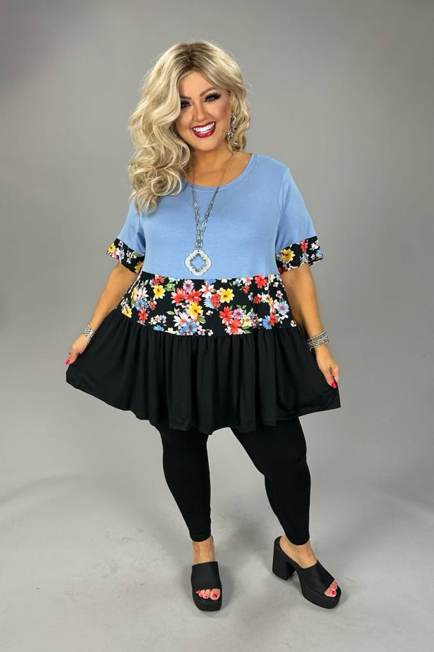 24 CP {Over The Moon} Blue/Black Tunic w/ Floral Contrast CURVY BRAND EXTENDED PLUS SIZE 3X 4X 5X 6X