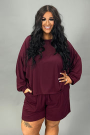 21 SET-E {The Good Life} Burgundy Long Sleeve Short Set PLUS SIZE 1X 2X 3X