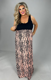 LD-Q {Queen Of The Ball} Black/Peach Print Maxi Dress PLUS SIZE 1X 2X 3X