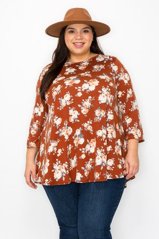 36 PQ {Planting Flowers} Brown Floral Top EXTENDED PLUS SIZE 3X 4X 5X