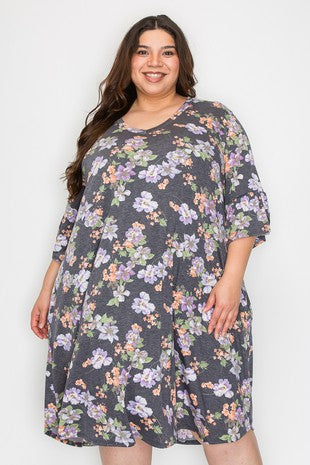 53 PSS {Blooming In Charcoal} Charcoal Floral V-Neck Dress EXTENDED PLUS SIZE 4X 5X 6X